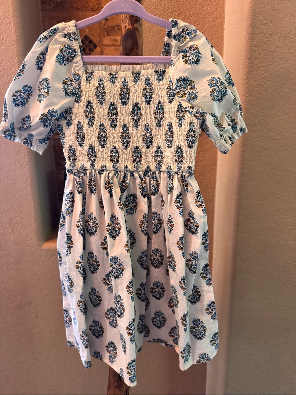 Crewcuts White Smocked Dress with Blue Floral Print